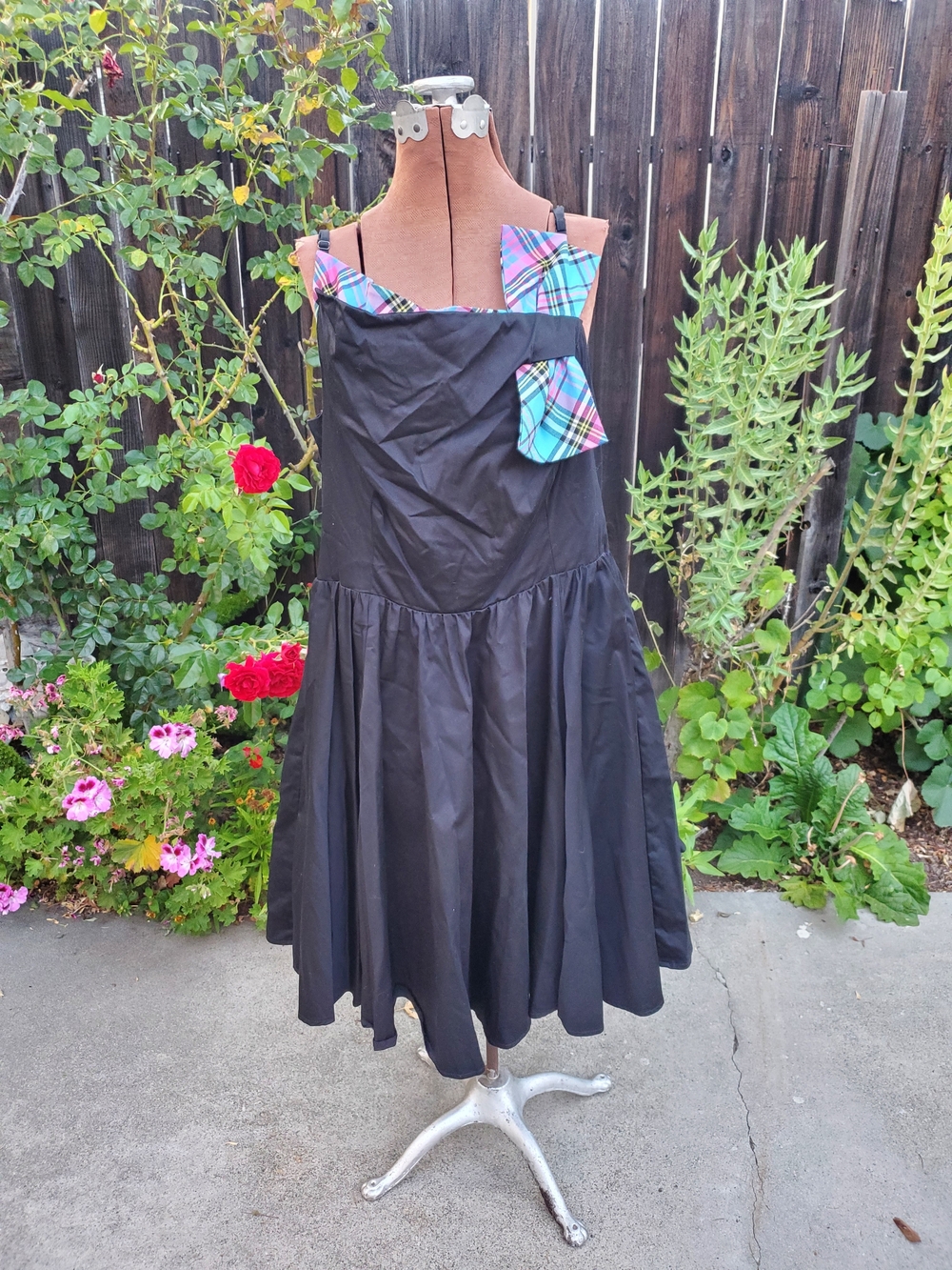 Kitten D'Amour Sleeveless Black Midi Dress with Plaid Bow Detail